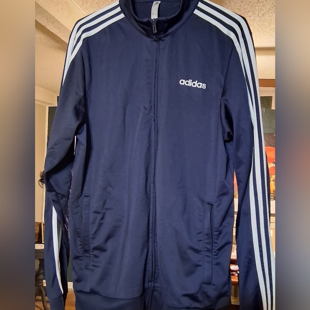 Adidas Men's Dark Blue Windbreaker with White Stripes Mens L
